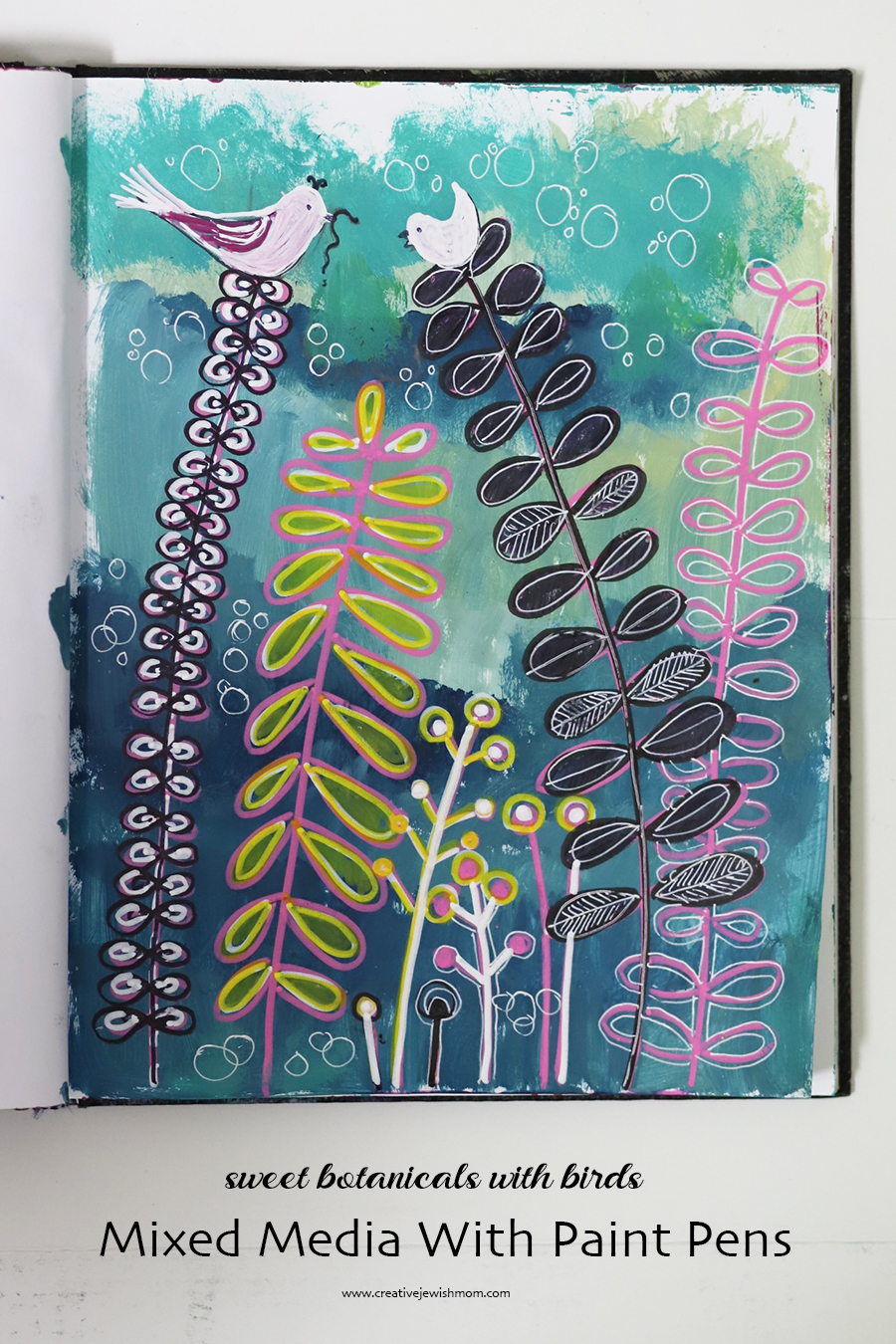 Whimsical Botanical Doodle With Color And Tiny Birds!