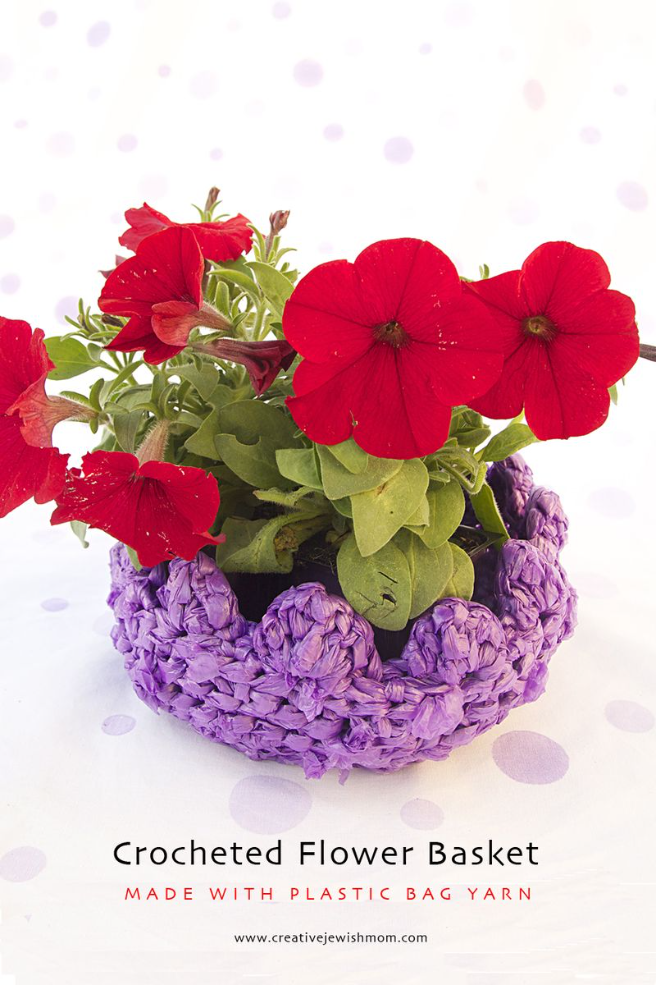 Crocheted Flower Basket Made With Plastic Bag Yarn