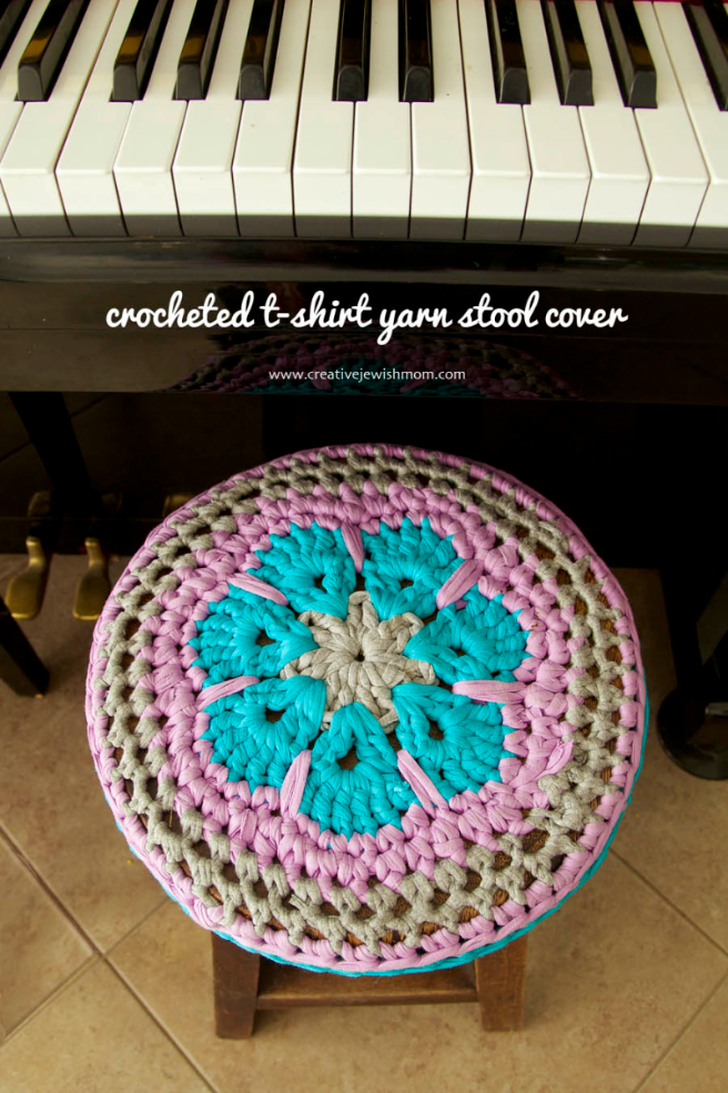 Crocheted T-Shirt Yarn Flower Medallion Stool Cover