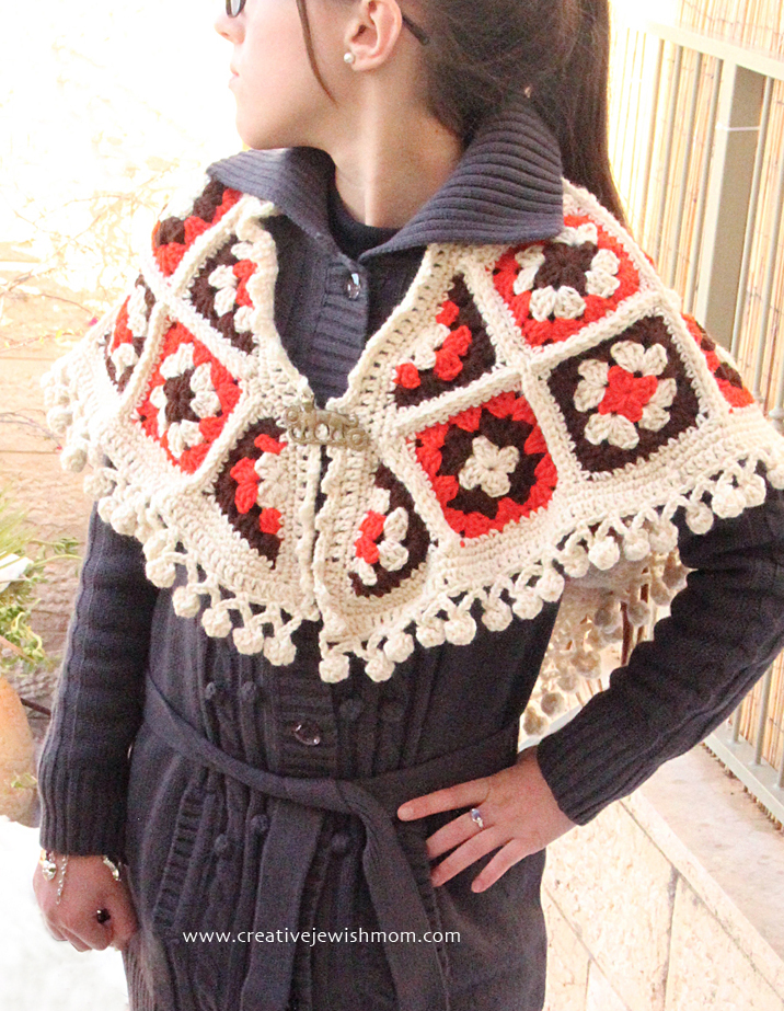 Granny Square Triangular Shawl With Pom Poms!