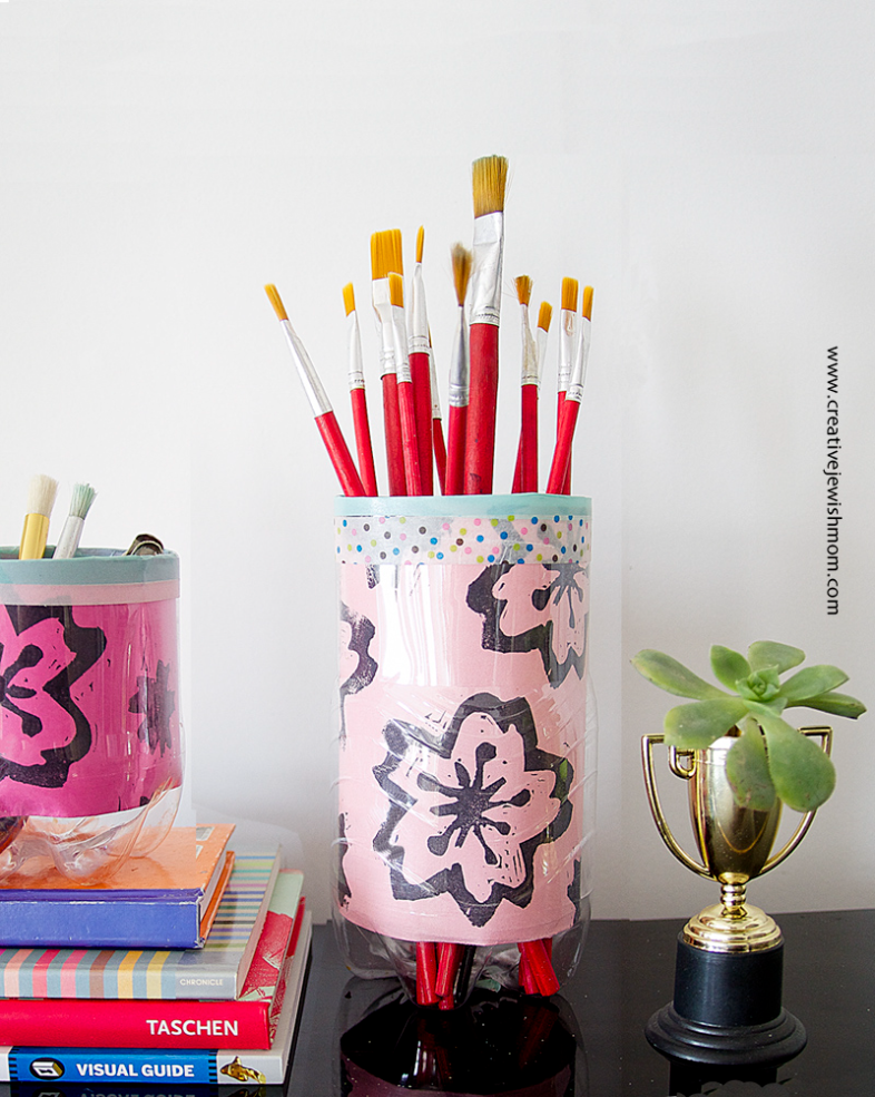 Soda Bottle Organizers With Hand Printed Cherry Blossom Paper