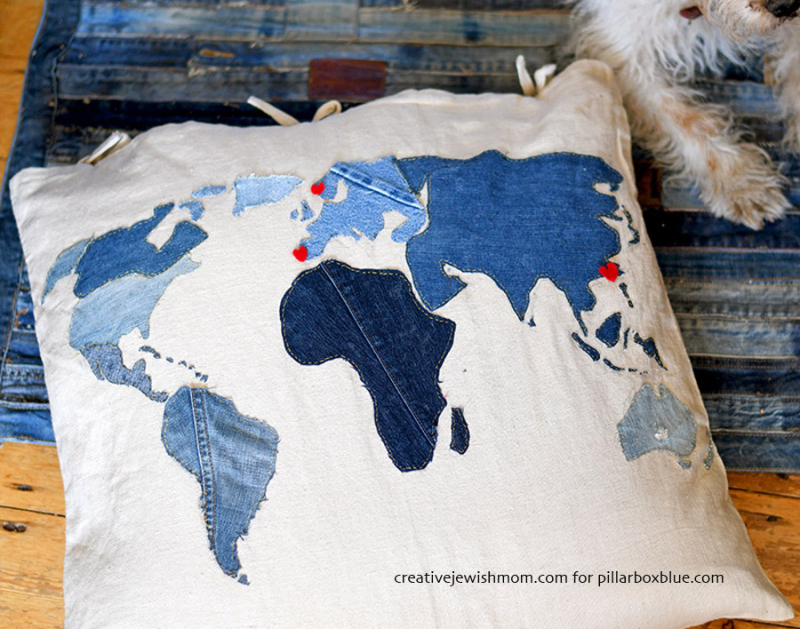 Applique-denim-world-map-pillow-s