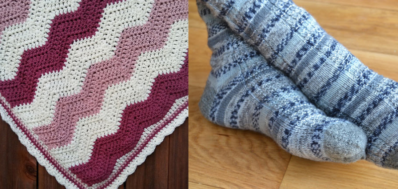 Crocheted wavy blanket knit striped blues socks