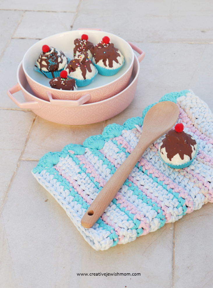 Crocheted T-Shirt Yarn Dishtowel For A Play Kitchen