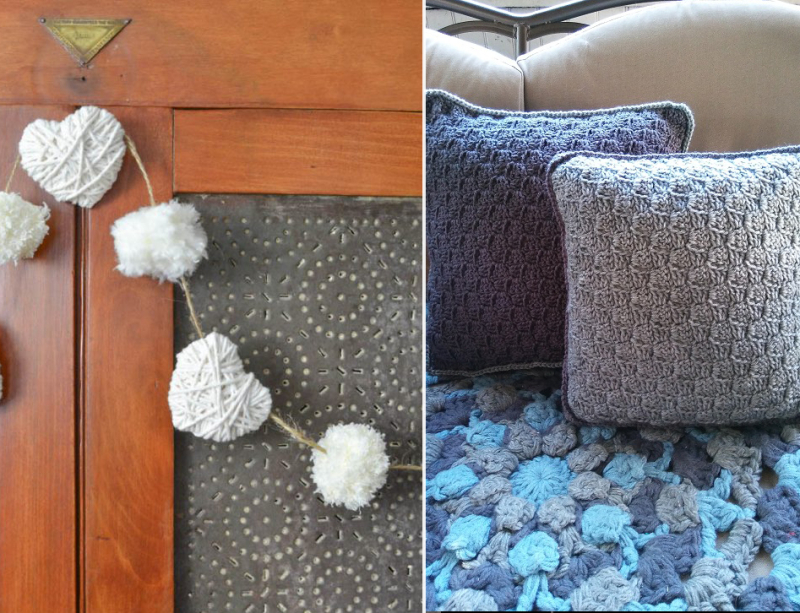 DIY-yarn-wrapped-hearts crocheted-C2C-pillows DIY-yarn-wrapped-hearts crocheted-C2C-pillows