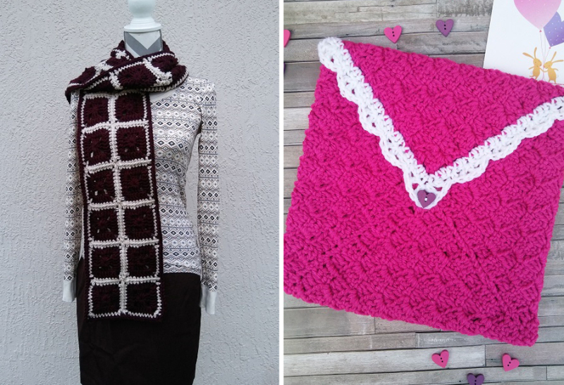 Crocheted c2C envelope windowpane crocheted scarf