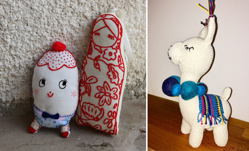 Crocheted llama embroidered humpty dumpty