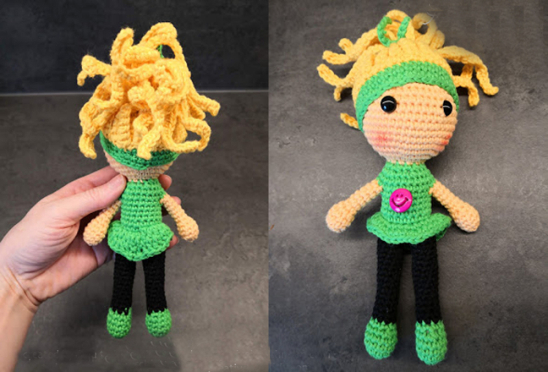 Crocheted amigurumi cheerleader
