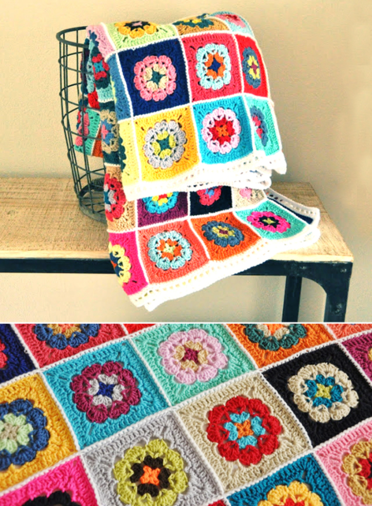 Crocheted-flower-in-a-square-granny-blanket