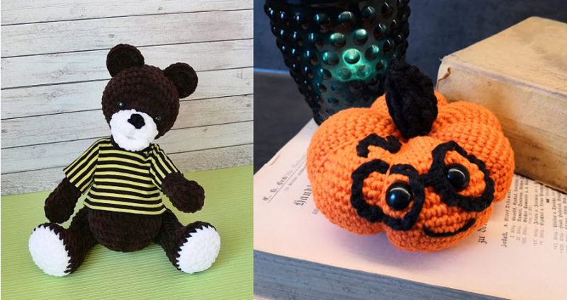 Crocheted-pumpkin-with-glasses crocheted-bear-with-sweater