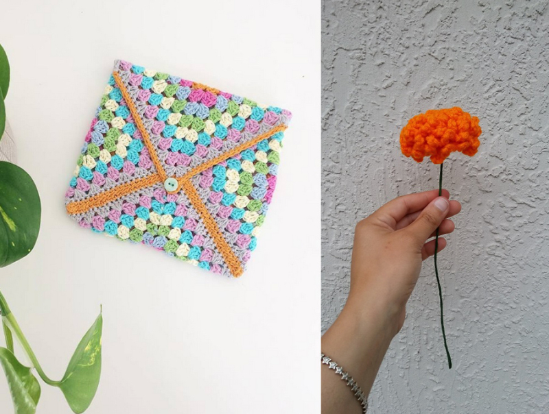 Granny square pouch crocheted frilly flower for bouquet