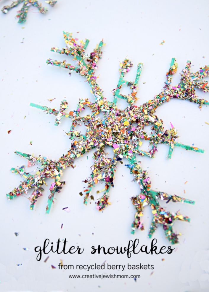DIY Glitter Snowflakes From Upcycled Plastic Baskets