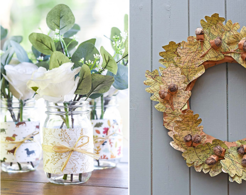 Easy-fall-mason-jars-scrapbook-paper paper-fall-leaves-old-maps