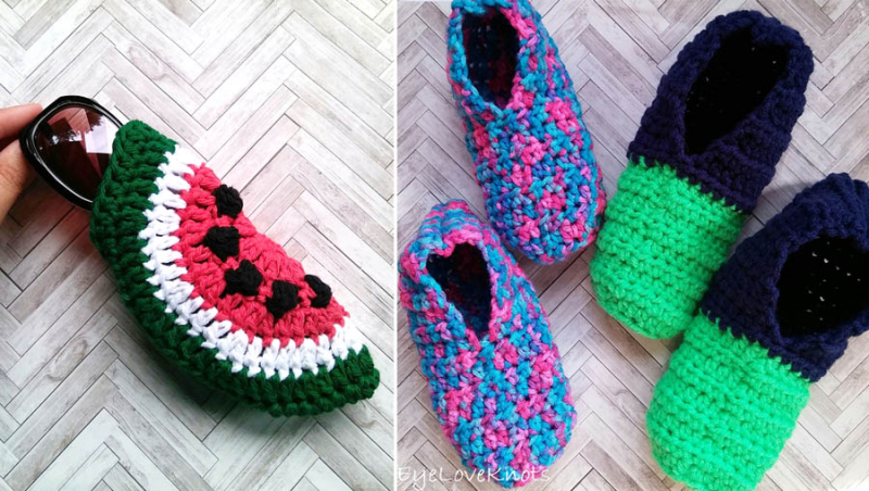 Crocheted-kid's-slippers-crocheted-watermelon-glasses-case