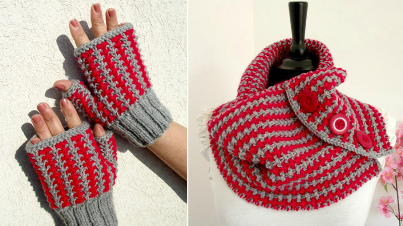 Knit-cowl-with-matching-hand-warmers