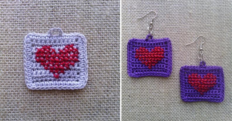 Crochet-heart-earrings wth cross stitch