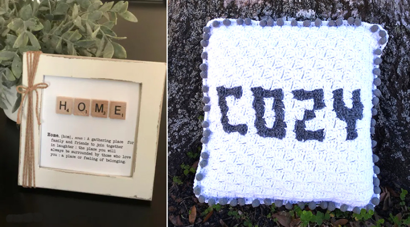 Crocheted-c2c-cozy-pillow scrabble-tile-art