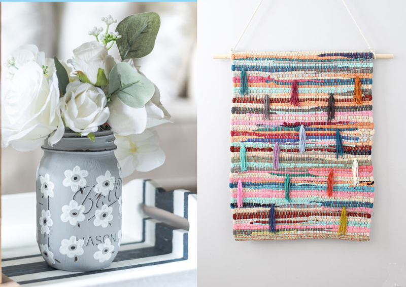 Painted-poppy-white-poppies-mason-jar rug-with-tassels-wall-hanging