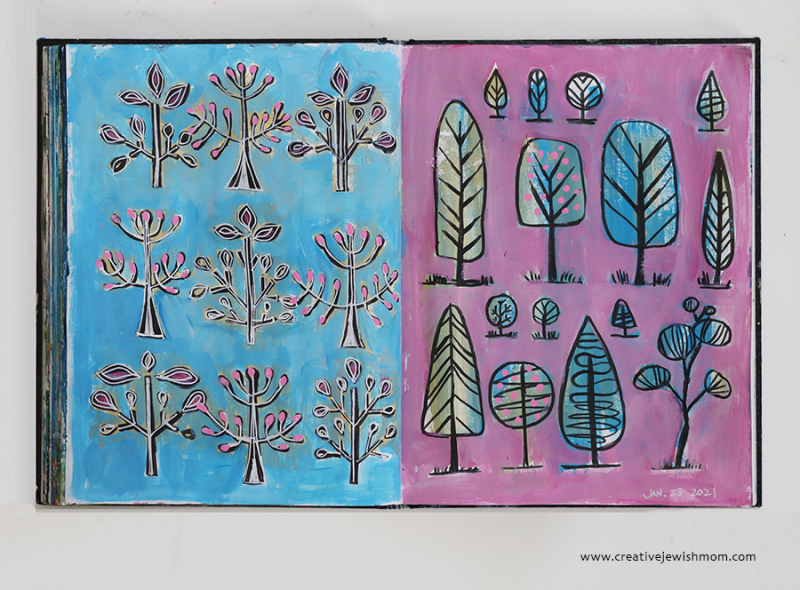 Folk Art Trees In Bloom Doodle Painting