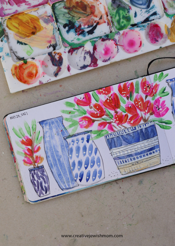 Watercolor Blue And White Vases With Flowers