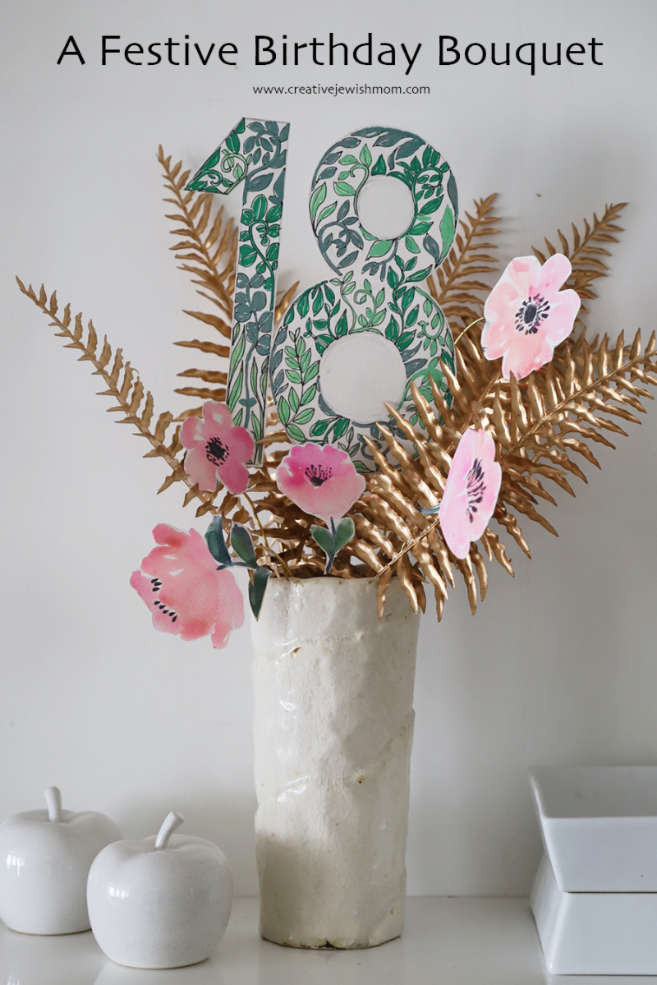 18th Birthday DIY Bouquet With Watercolor Flowers And Botanical Number