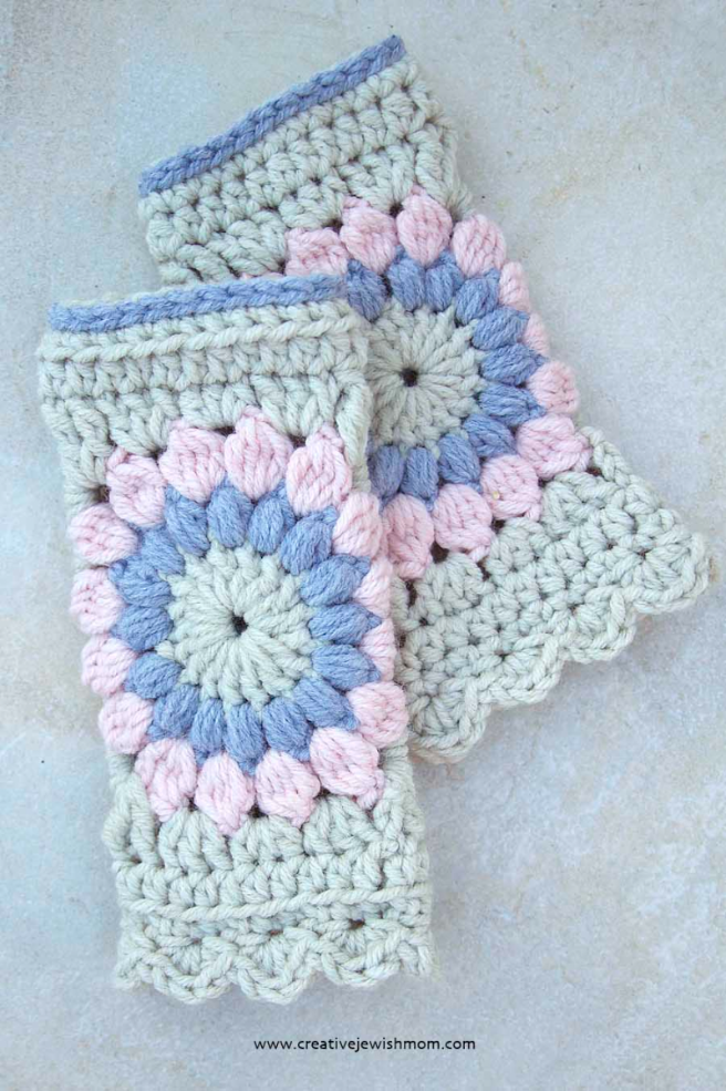 Crocheted Granny Square Hand Warmer Pink and Grey